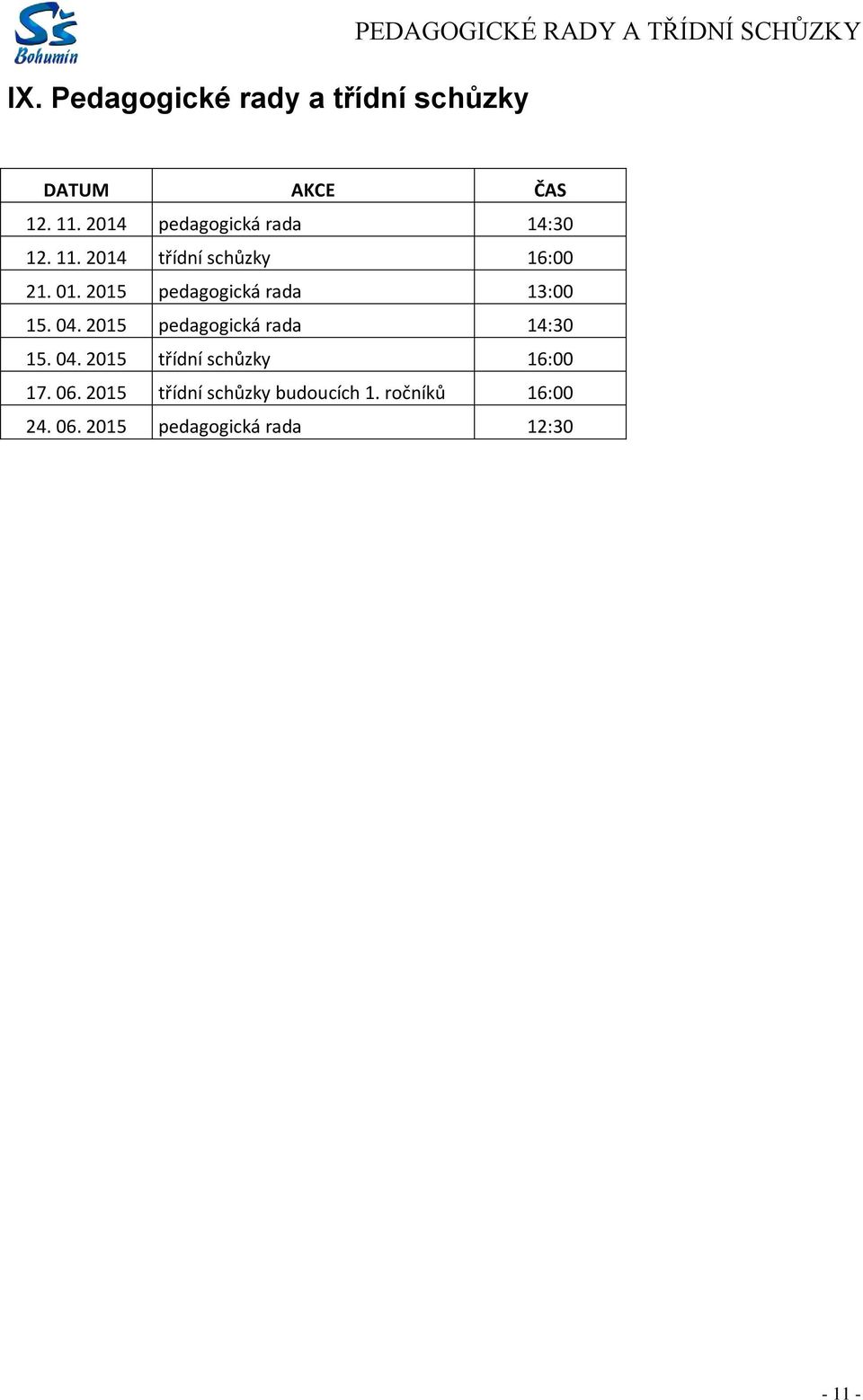 2015 pedagogická rada 13:00 15. 04. 2015 pedagogická rada 14:30 15. 04. 2015 třídní schůzky 16:00 17.