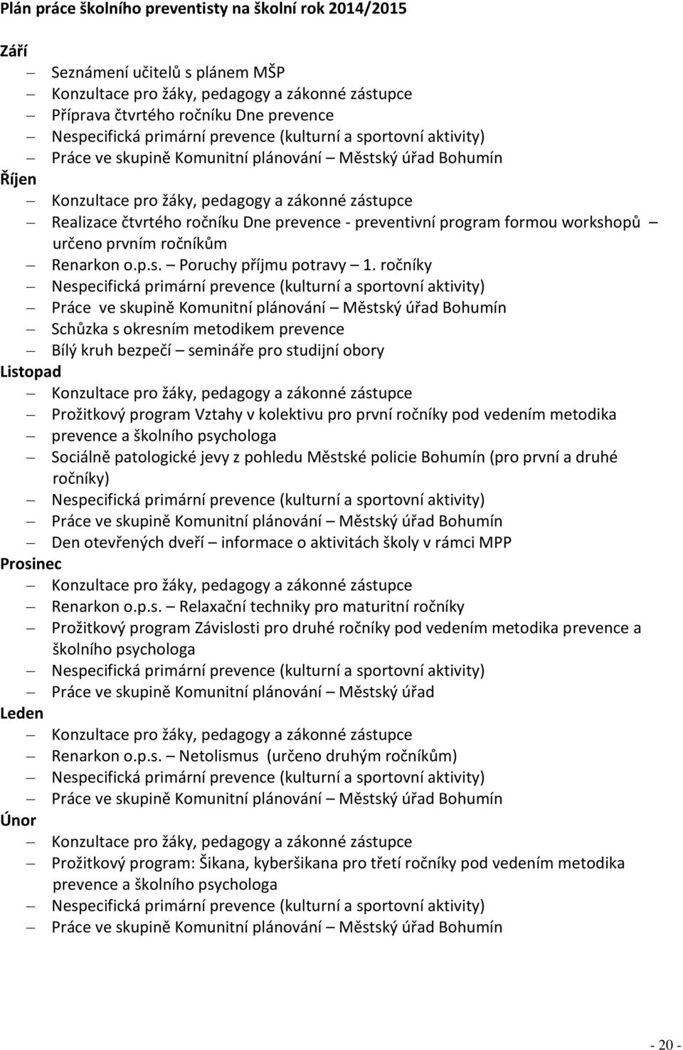 prevence - preventivní program formou workshopů určeno prvním ročníkům Renarkon o.p.s. Poruchy příjmu potravy 1.