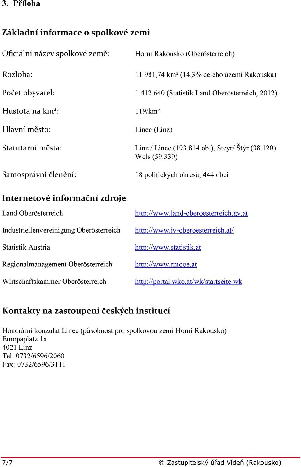 339) Samosprávní členění: 18 politických okresů, 444 obcí Internetové informační zdroje Land Oberösterreich Industriellenvereinigung Oberösterreich Statistik Austria Regionalmanagement Oberösterreich