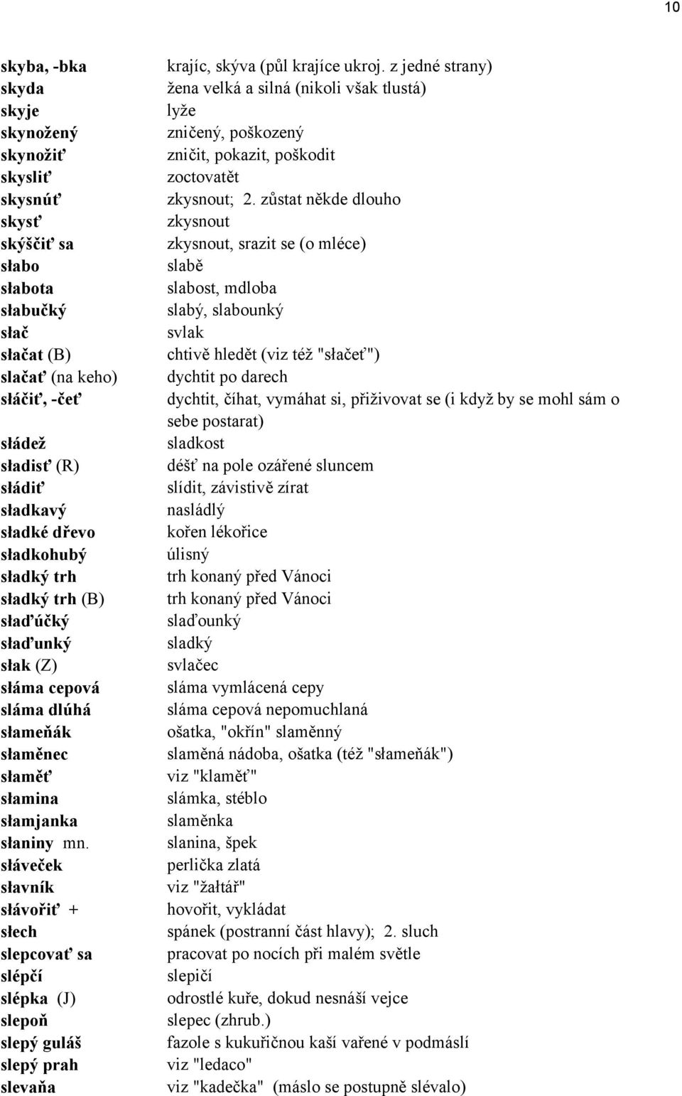 sł veček słavnìk sł vořiť + słech slepcovať sa slèpčì slèpka (J) slepoň slep gul ö slep prah slevaňa krajìc, sk va (půl krajìce ukroj.