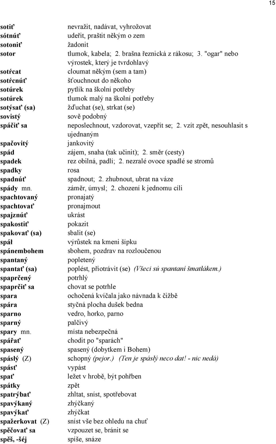sp řať spasen sp sł (Z) sp sť spať sp tky spatr bať spav kan spav kať spaûerkovat (Z) spěčovať sa spěö, -öèj nevraûit, nad vat, vyhroûovat udeřit, praötit něk m o zem ûadonit tlumok, kabela; 2.