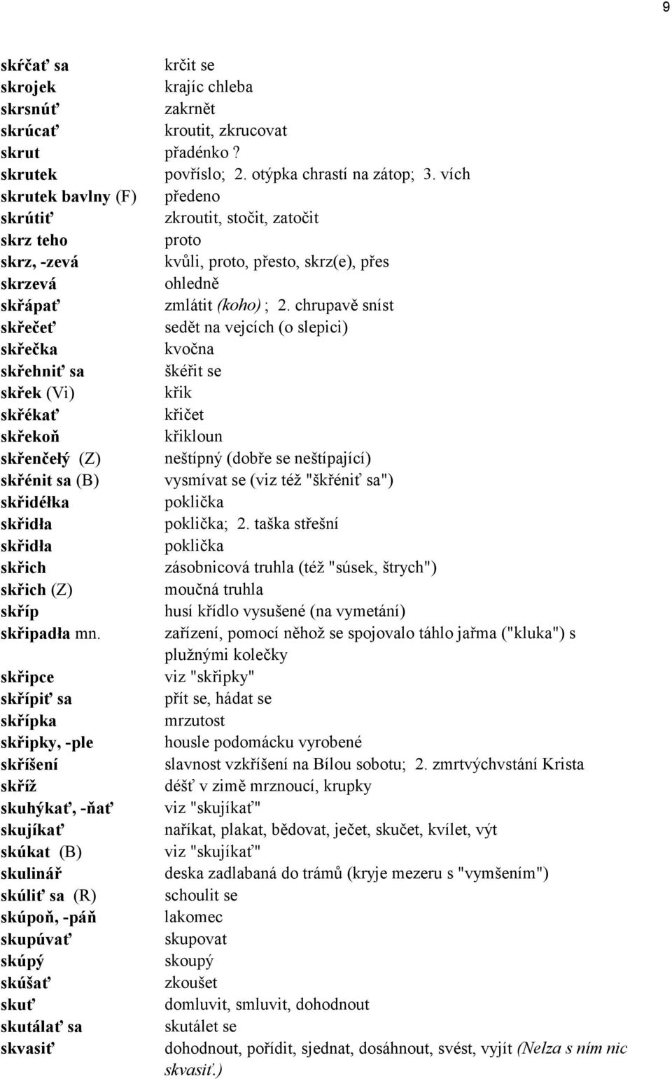chrupavě snìst skřečeť sedět na vejcìch (o slepici) skřečka kvočna skřehniť sa ökèřit se skřek (Vi) křik skřèkať křičet skřekoň křikloun skřenčeł (Z) neötìpn (dobře se neötìpajìcì) skřènit sa (B)