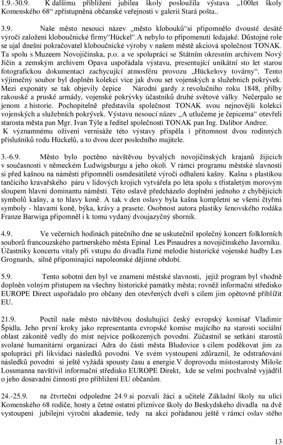 to připomenutí ledajaké. Důstojné role se ujal dnešní pokračovatel kloboučnické výroby v našem městě akciová společnost TONAK. Ta spolu s Muzeem Novojičínska, p.o. a ve spolupráci se Státním okresním