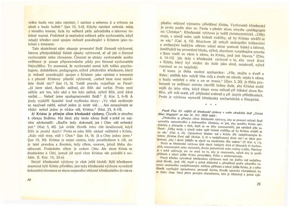 Podobně je neplodná veškerá péče vychovatele, když mladý křesťan není spojen milostí posvěcujícf s Kristem jako ratolest s kmenem.