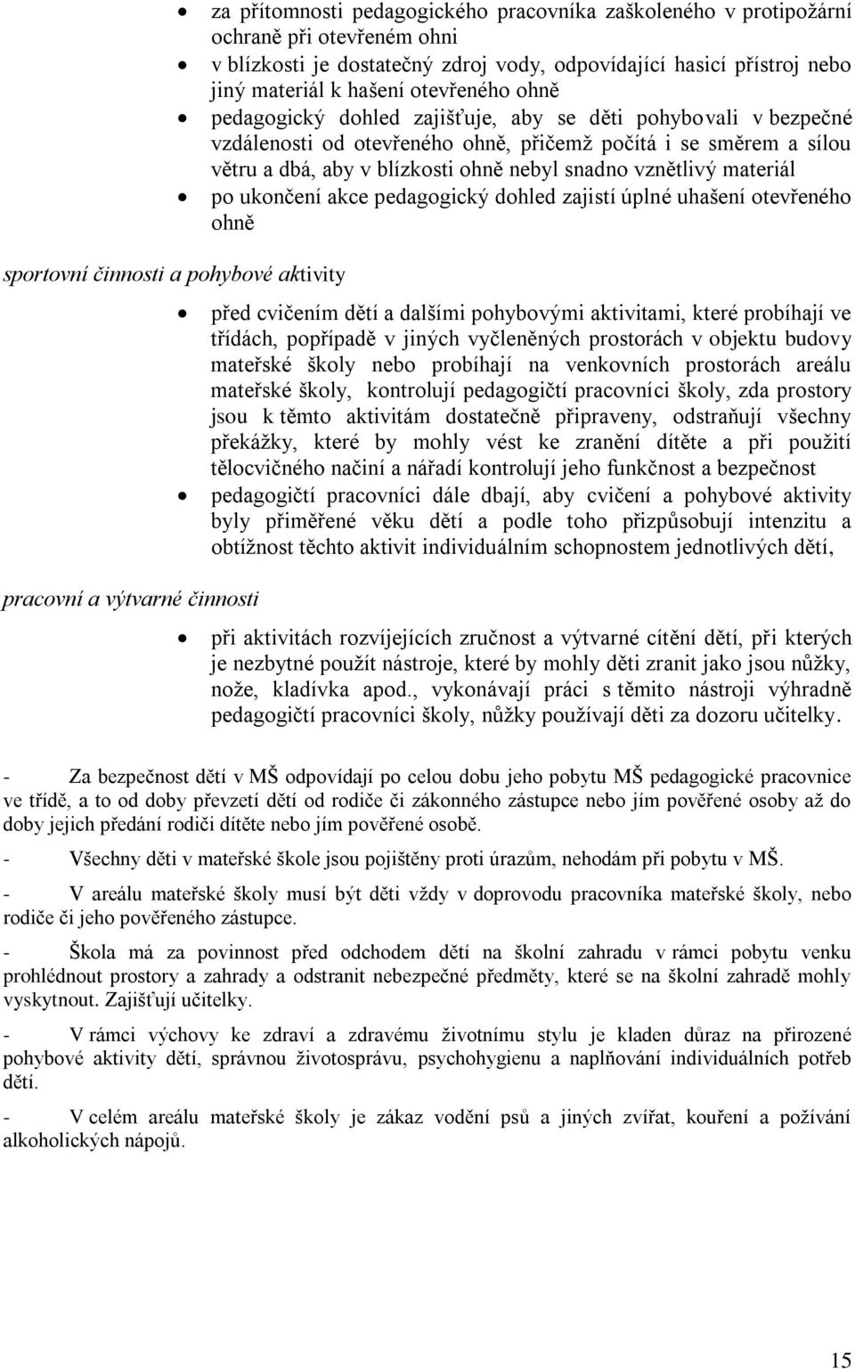 materiál po ukončení akce pedagogický dohled zajistí úplné uhašení otevřeného ohně sportovní činnosti a pohybové aktivity pracovní a výtvarné činnosti před cvičením dětí a dalšími pohybovými