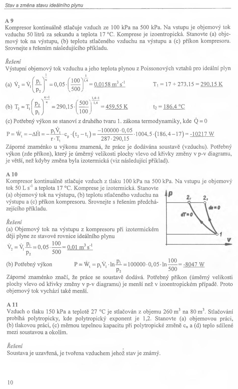 Výstupní objem ový tok vzduchu a jeho teplota plynou z Poissonových vztahů pro ideální plyn, ' i (a) V2 = V, ( \ n V ÍW )C \\ P1 K= 0,05- I p2j o o o o 1.4 j = 0.0158 m 3 s 1 T, = 17 + 273.15 = 290.