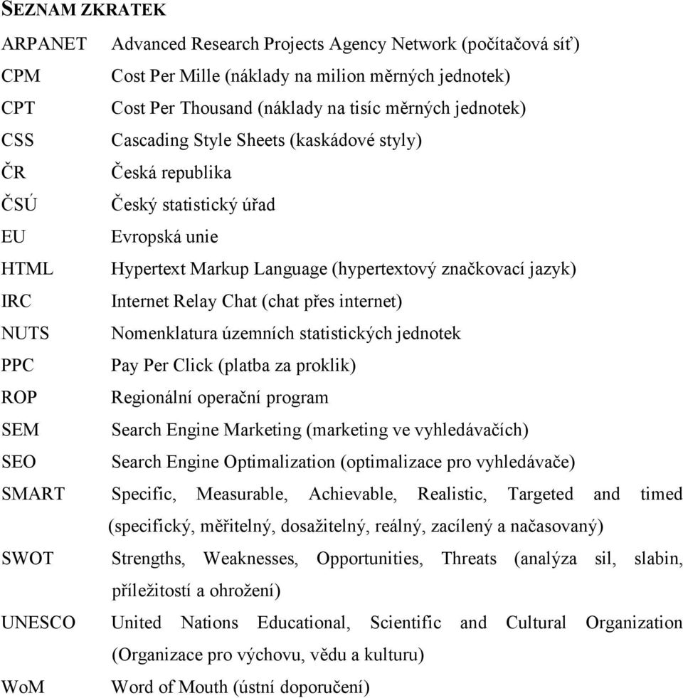 přes internet) NUTS Nomenklatura územních statistických jednotek PPC Pay Per Click (platba za proklik) ROP Regionální operační program SEM Search Engine Marketing (marketing ve vyhledávačích) SEO