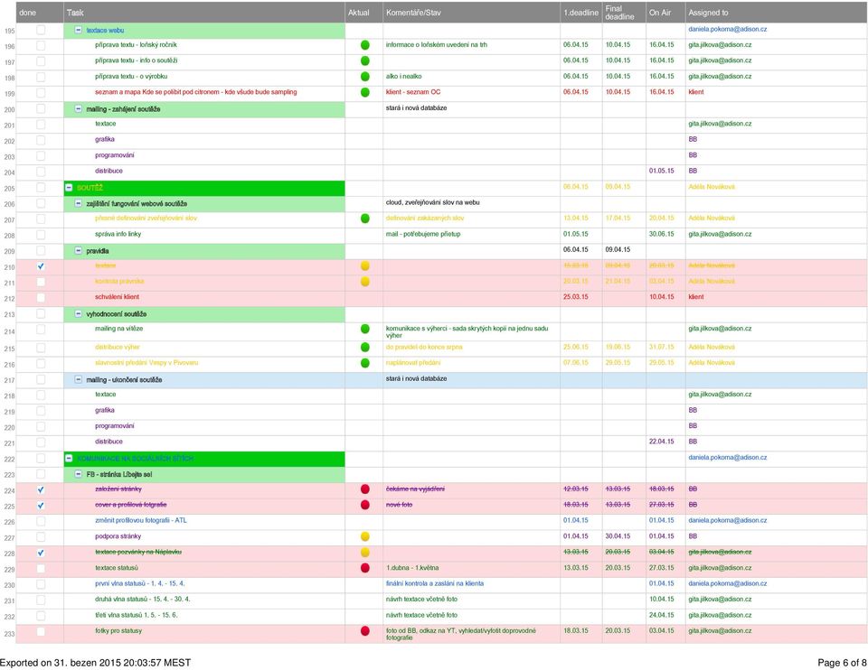 04.15 10.04.15 16.04.15 klient 200 mailing - zahájení soutěže stará i nová databáze 201 textace gita.jilkova@adison.cz 202 grafika BB 203 programování BB 204 distribuce 01.05.15 BB 205 SOUTĚŽ 06.04.15 09.