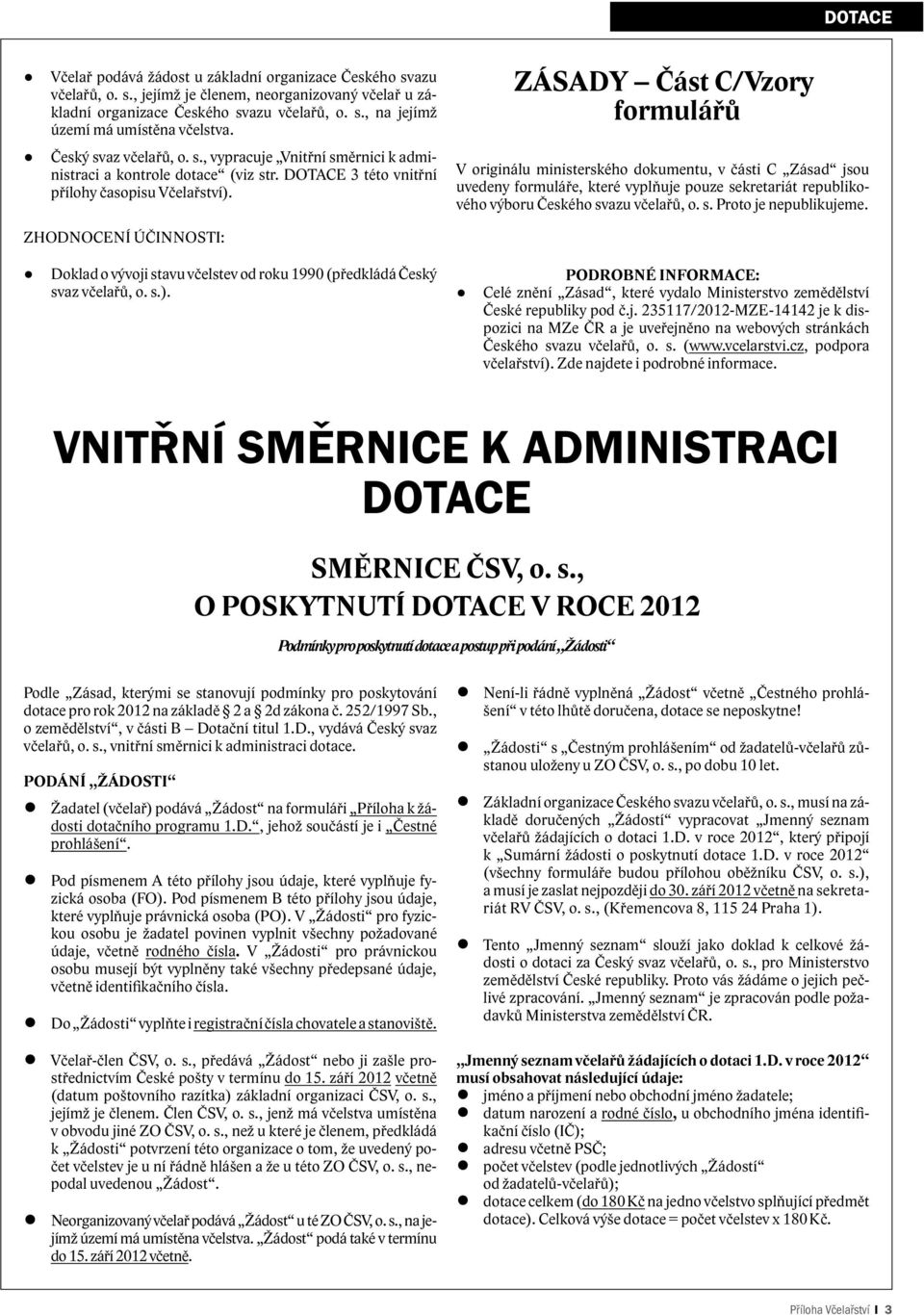 ZÁSADY Část C/Vzory formulářů V originálu ministerského dokumentu, v části C Zásad jsou uvedeny formuláře, které vyplňuje pouze sekretariát republikového výboru Českého svazu včelařů, o. s. Proto je nepublikujeme.