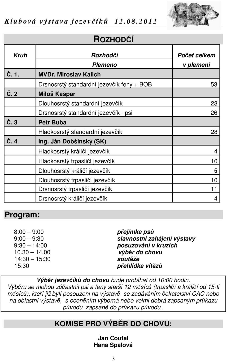 Ján Dobšinský (SK) Hladkosrstý standardní jezevčík Hladkosrstý králičí jezevčík 28 4 Hladkosrstý trpasličí jezevčík 10 5 Dlouhosrstý králičí jezevčík Dlouhosrstý trpasličí jezevčík 10 Drsnosrstý