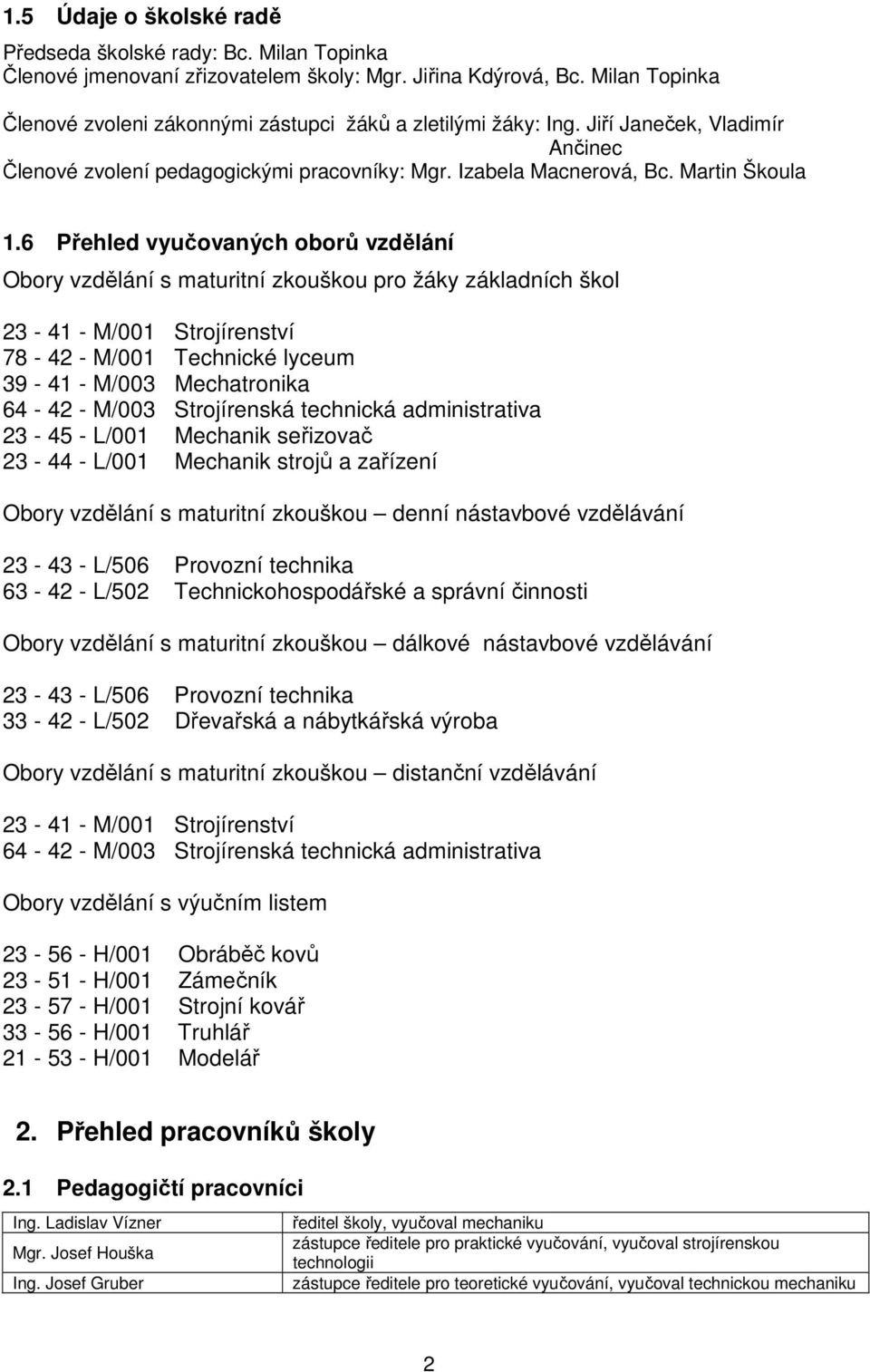 6 Přehled vyučovaných oborů vzdělání Obory vzdělání s maturitní zkouškou pro žáky základních škol 23-41 - M/001 Strojírenství 78-42 - M/001 Technické lyceum 39-41 - M/003 Mechatronika 64-42 - M/003