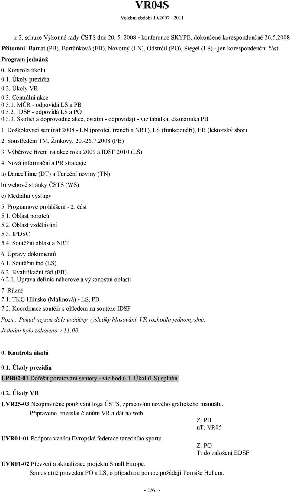 Doškolovací seminář 2008 - LN (porotci, trenéři a NRT), LS (funkcionáři), EB (lektorský sbor) 2. Soustředění TM, Žinkovy, 20.-26.7.2008 (PB) 3. Výběrové řízení na akce roku 2009 a IDSF 2010 (LS) 4.