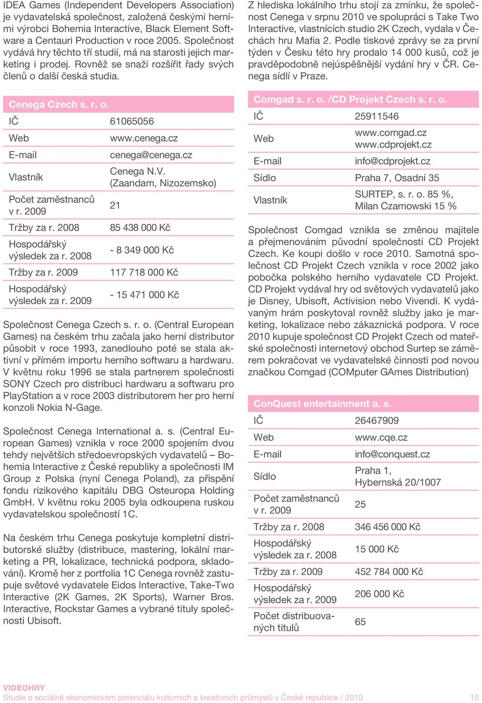 cz cenega@cenega.cz Vlastník Cenega N.V. (Zaandam, Nizozemsko) Počet zaměstnanců v r. 2009 21 Tržby za r. 2008 85 438 000 Kč výsledek za r. 2008-8 349 000 Kč Tržby za r.