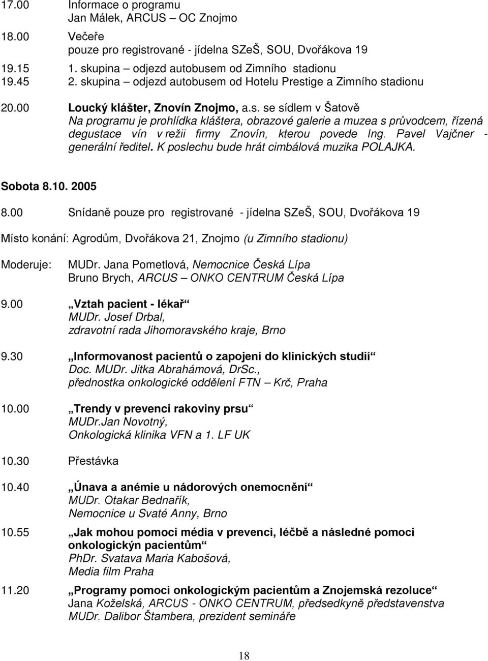 Pavel Vajčner - generální ředitel. K poslechu bude hrát cimbálová muzika POLAJKA. Sobota 8.10. 2005 8.