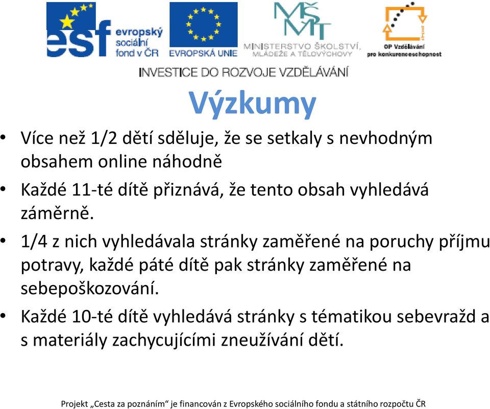 1/4 z nich vyhledávala stránky zaměřené na poruchy příjmu potravy, každé páté dítě pak