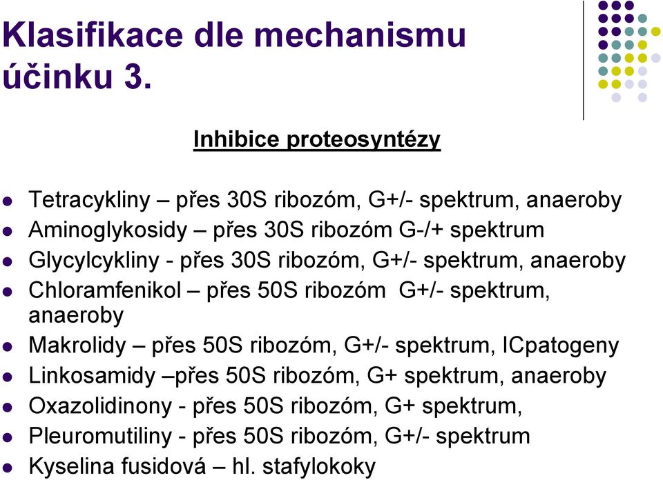 Glycylcykliny - přes 30S ribozóm, G+/- spektrum, anaeroby Chloramfenikol přes 50S ribozóm G+/- spektrum, anaeroby Makrolidy