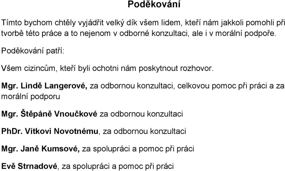 Lindě Langerové, za odbornou konzultaci, celkovou pomoc při práci a za morální podporu Mgr.