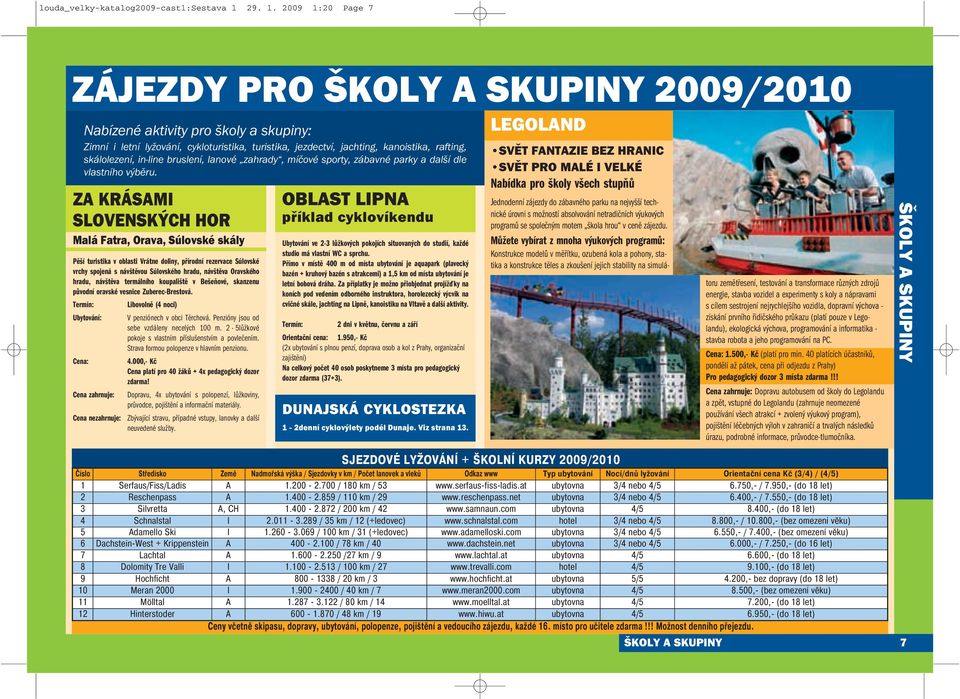 2009 1:20 Page 7 ZÁJEZDY PRO ŠKOLY A SKUPINY 2009/2010 Nabízené aktivity pro školy a skupiny: Zimní i letní lyžování, cykloturistika, turistika, jezdectví, jachting, kanoistika, rafting, skálolezení,