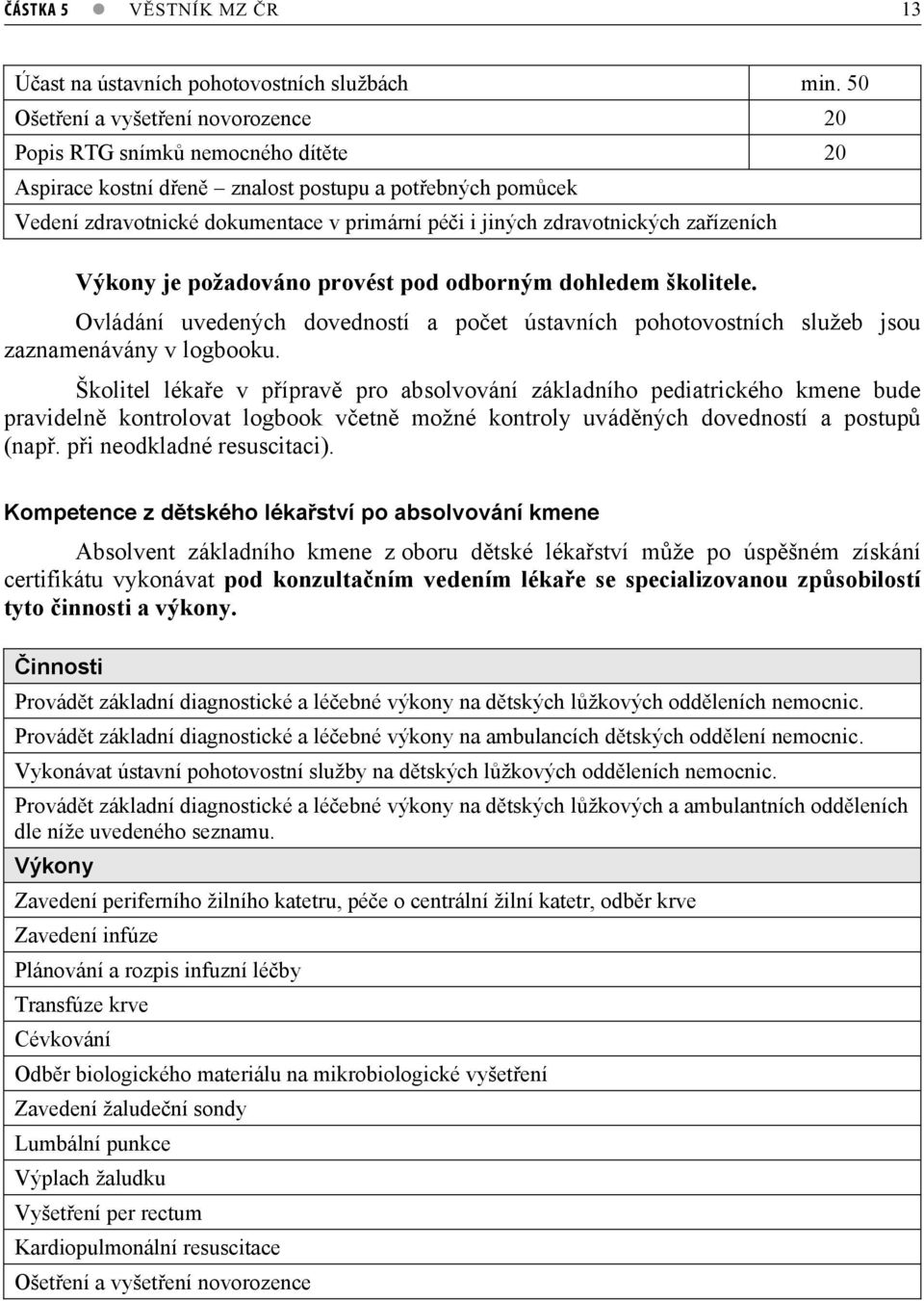 zaízeních Výkony je požadováno provést pod odborným dohledem školitele. Ovládání uvedených dovedností a poet ústavních pohotovostních služeb jsou zaznamenávány v logbooku.