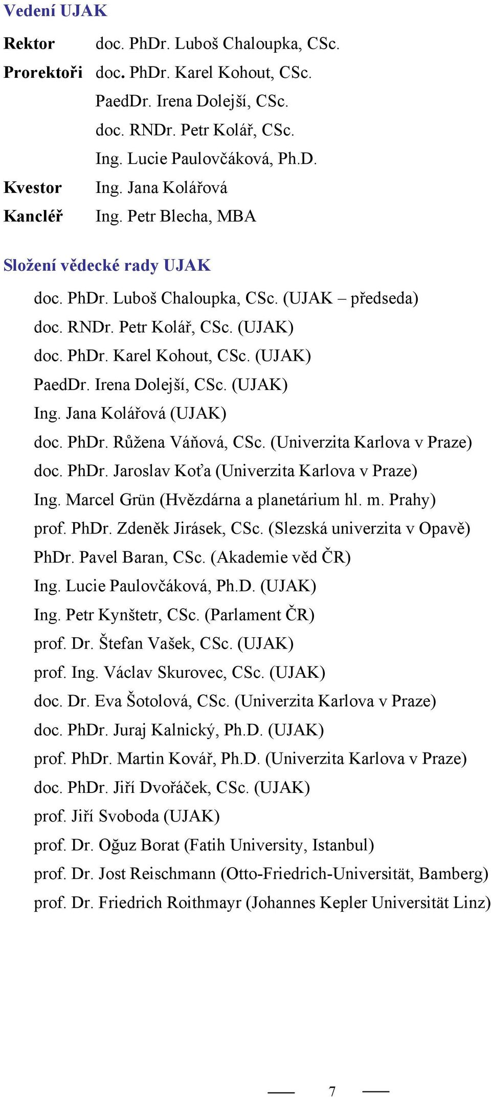 Irena Dolejší, CSc. (UJAK) Ing. Jana Kolářová (UJAK) doc. PhDr. Růžena Váňová, CSc. (Univerzita Karlova v Praze) doc. PhDr. Jaroslav Koťa (Univerzita Karlova v Praze) Ing.