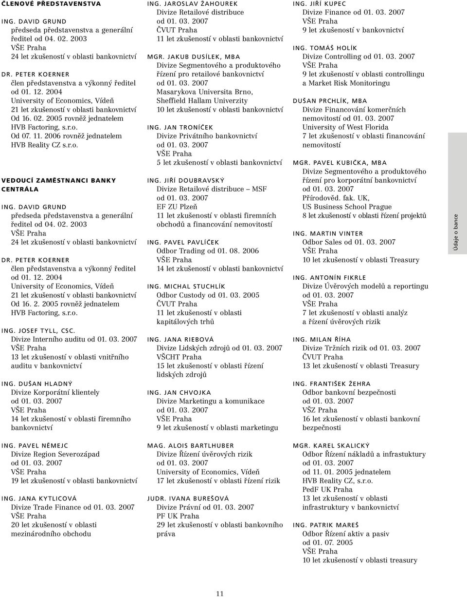 11. 2006 rovněž jednatelem HVB Reality CZ s.r.o. VEDOUCÍ ZAMĚSTNANCI BANKY CENTRÁLA ING. DAVID GRUND předseda představenstva a generální ředitel od 04. 02.