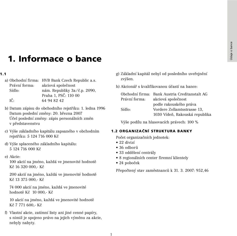 března 2007 Účel poslední změny: zápis personálních změn v představenstvu c) Výše základního kapitálu zapsaného v obchodním rejstříku: 5 124 716 000 Kč d) Výše splaceného základního kapitálu: 5 124