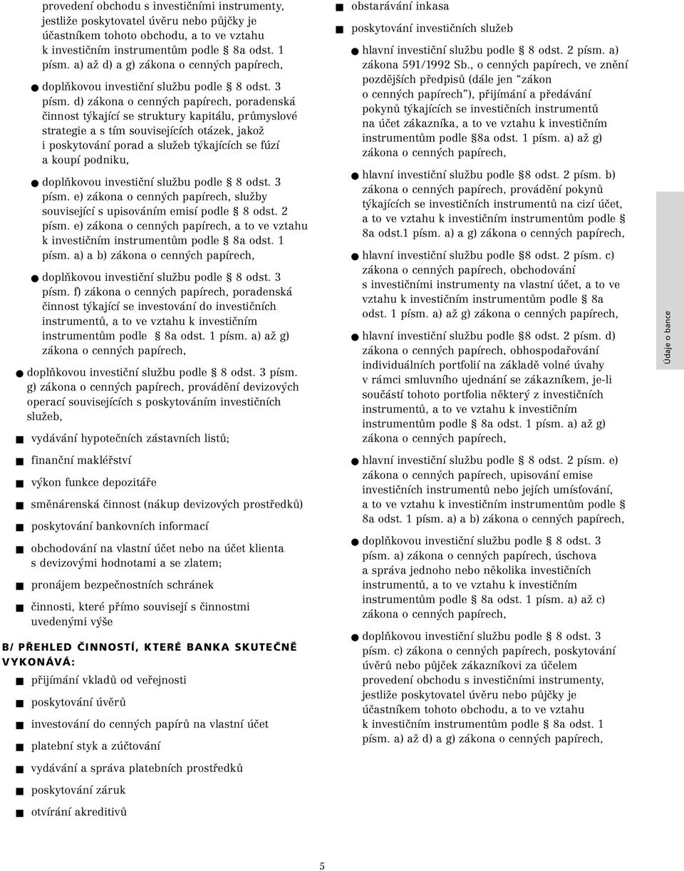 d) zákona o cenných papírech, poradenská činnost týkající se struktury kapitálu, průmyslové strategie a s tím souvisejících otázek, jakož i poskytování porad a služeb týkajících se fúzí a koupí