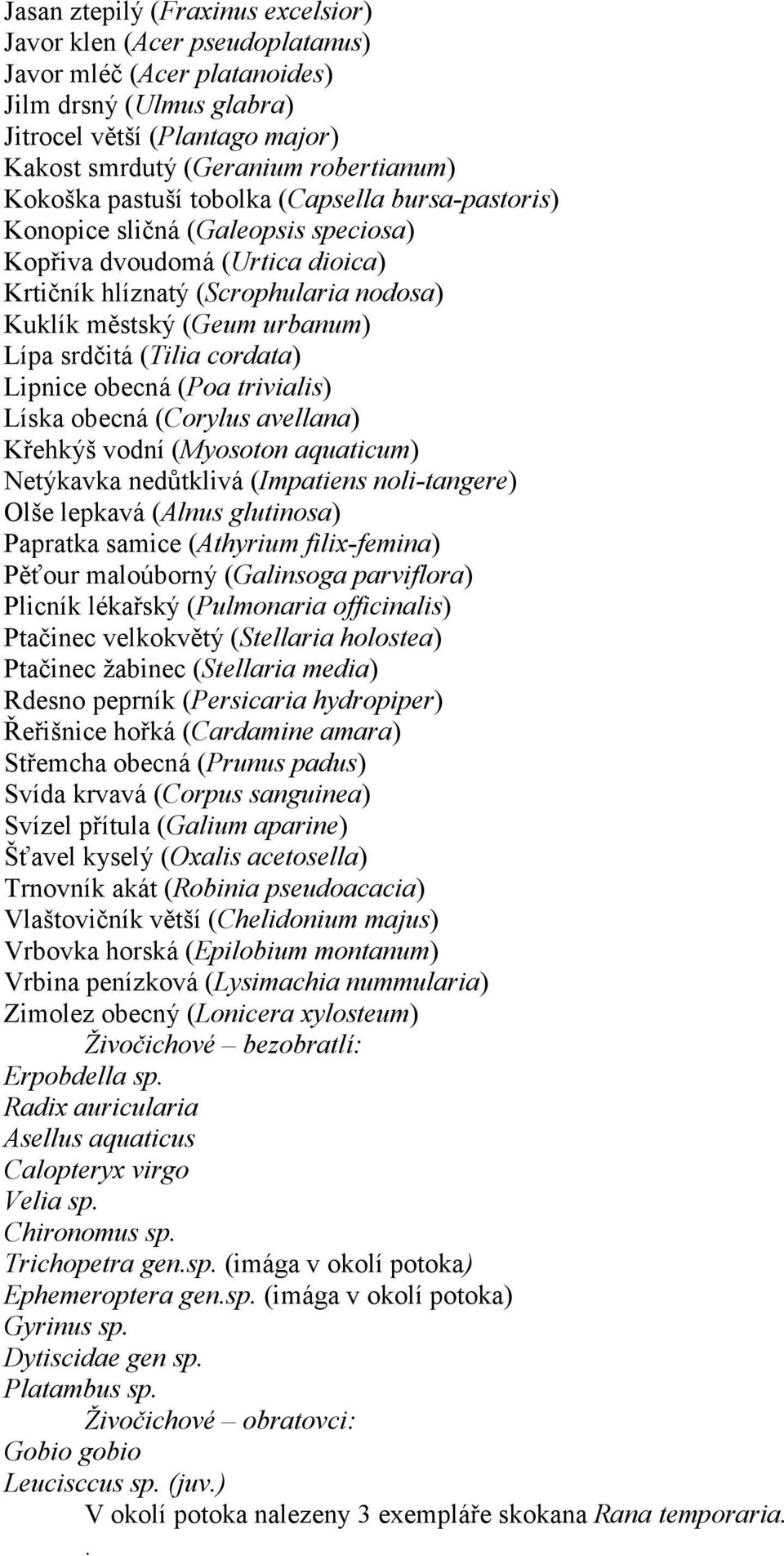 srdčitá (Tilia cordata) Lipnice obecná (Poa trivialis) Líska obecná (Corylus avellana) Křehkýš vodní (Myosoton aquaticum) Netýkavka nedůtklivá (Impatiens noli-tangere) Olše lepkavá (Alnus glutinosa)