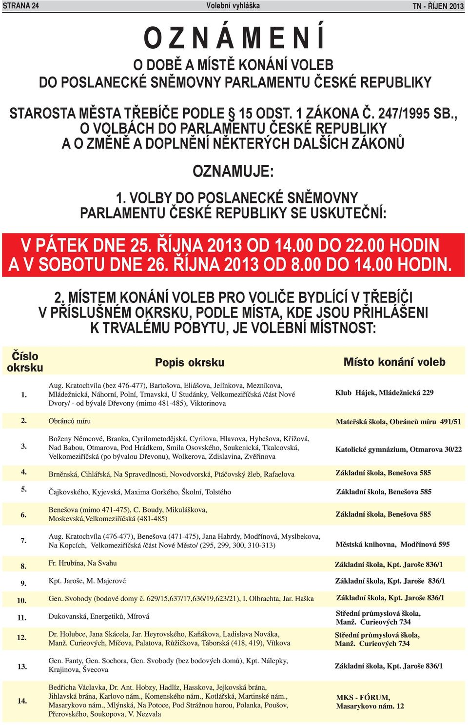 VOLBY DO POSLANECKÉ SNĚMOVNY PARLAMENTU ČESKÉ REPUBLIKY SE USKUTEČNÍ: V PÁTEK DNE 25. ŘÍJNA 2013 OD 14.00 DO 22.00 HODIN A V SOBOTU DNE 26.