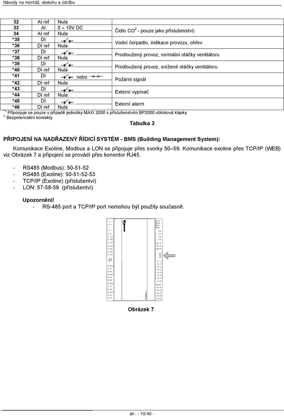 Externí alarm **) Připoojuje se pouze v případě jednotky MAXI 2000 s příslušenstvím BP2000 obtoková klapky *) Bezpotenciální kontakty Tabulka 3 PŘIPOJENÍ NA NADŘAZENÝ ŘÍDICÍ SYSTÉM - BMS (Building