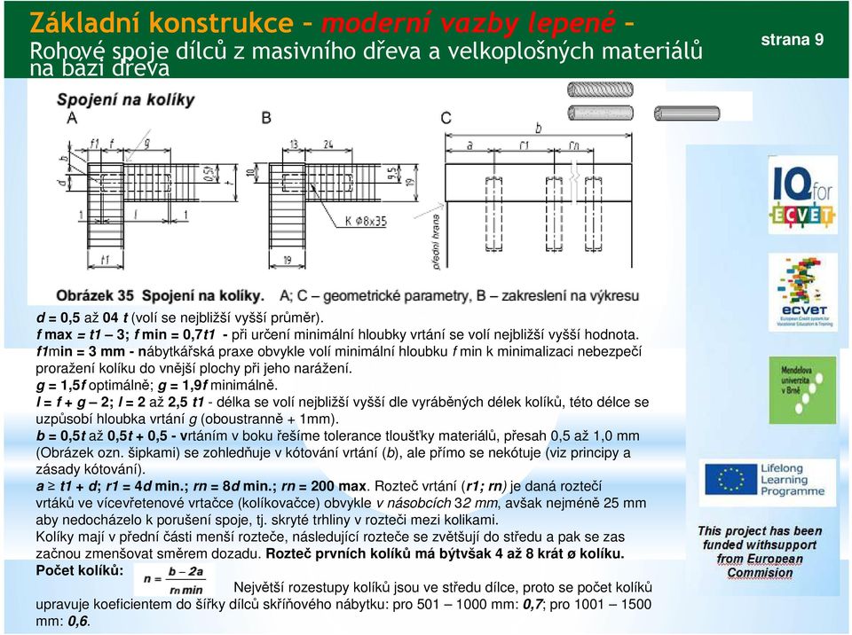 l = f + g 2; l = 2 až 2,5 t1 - délka se volí nejbližší vyšší dle vyráběných délek kolíků, této délce se uzpůsobí hloubka vrtání g (oboustranně + 1mm).