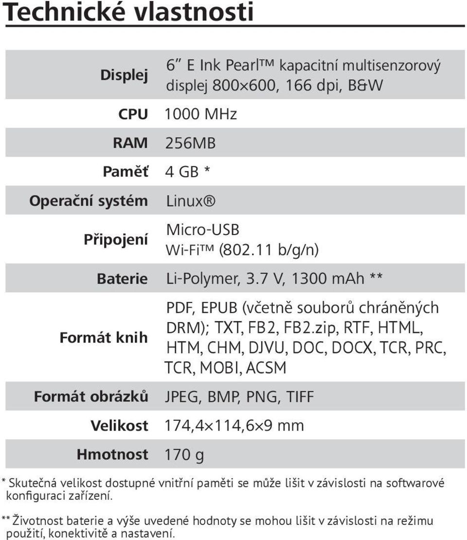 7 V, 1300 mah ** Formát knih Formát obrázků Velikost Hmotnost PDF, EPUB (včetně souborů chráněných DRM); TXT, FB2, FB2.