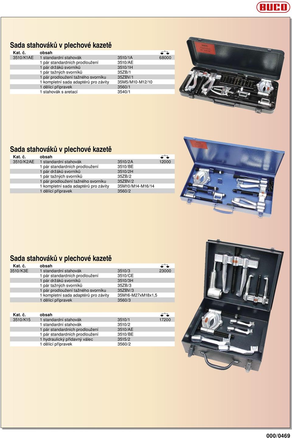 kompletní sada adaptérů pro závity 35M5/M10-M12/10 1 dělící přípravek 3560/1 1 stahovák s aretací 3540/1  obsah 3510/K2AE 1 standardní stahovák 3510/2A 12000 1 pár standardních prodloužení 3510/BE 1