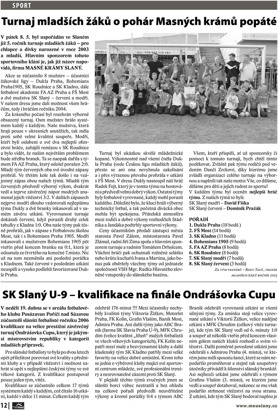 Akce se zúčastnilo 8 mužstev účastníci žákovské ligy Dukla Praha, Bohemians Praha1905, SK Roudnice a SK Kladno, dále fotbalové akademie FA AZ Praha a FŠ Most a dvě mužstva SK Slaný červení a modří.