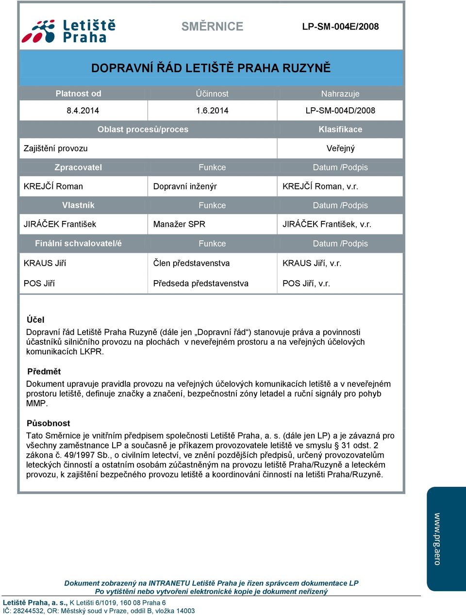 r. Finální schvalovatel/é Funkce Datum /Podpis KRAUS Jiří Člen představenstva KRAUS Jiří, v.r. POS Jiří Předseda představenstva POS Jiří, v.r. Účel Dopravní řád Letiště Praha Ruzyně (dále jen