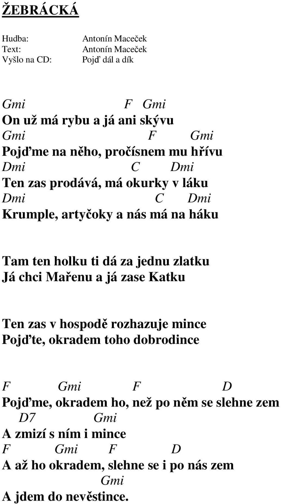 Katku Ten zas v hospodě rozhazuje mince Pojďte, okradem toho dobrodince F Gmi F D Pojďme, okradem ho, než po něm