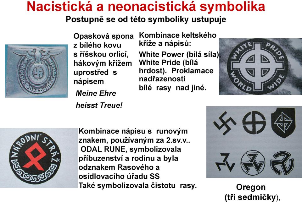 Kombinace keltského kříţe a nápisů: White Power (bílá síla), White Pride (bílá hrdost). Proklamace nadřazenosti bílé rasy nad jiné.