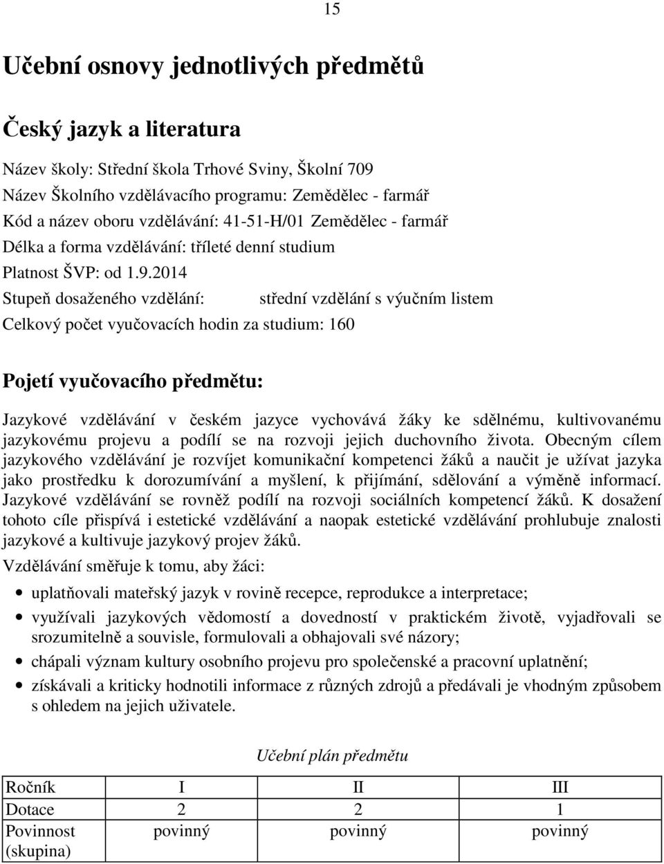 2014 Stupeň dosaženého vzdělání: střední vzdělání s výučním listem Celkový počet vyučovacích hodin za studium: 160 Pojetí vyučovacího předmětu: Jazykové vzdělávání v českém jazyce vychovává žáky ke