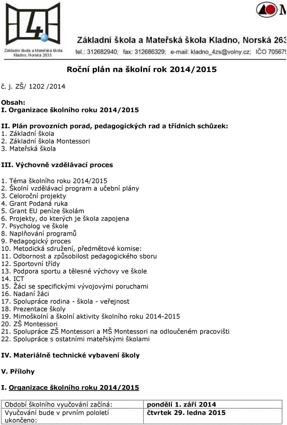 Grant EU peníze školám 6. Projekty, do kterých je škola zapojena 7. Psycholog ve škole 8. Naplňování programů 9. Pedagogický proces 10. Metodická sdružení, předmětové komise: 11.