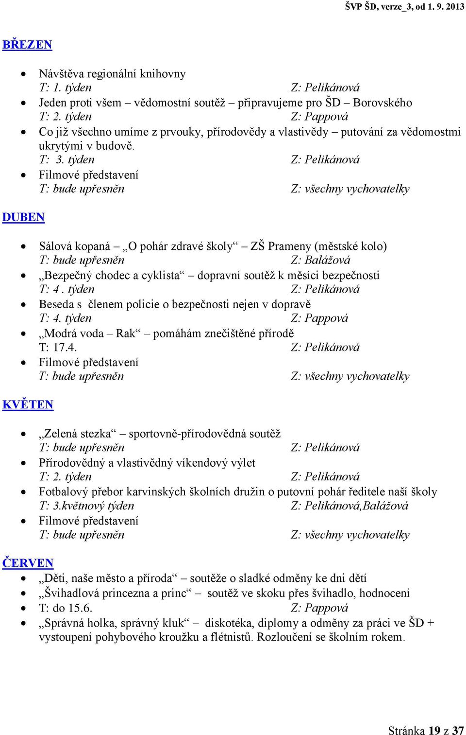týden Z: Pelikánová Filmové představení T: bude upřesněn Z: všechny vychovatelky Sálová kopaná O pohár zdravé školy ZŠ Prameny (městské kolo) T: bude upřesněn Z: Balážová Bezpečný chodec a cyklista