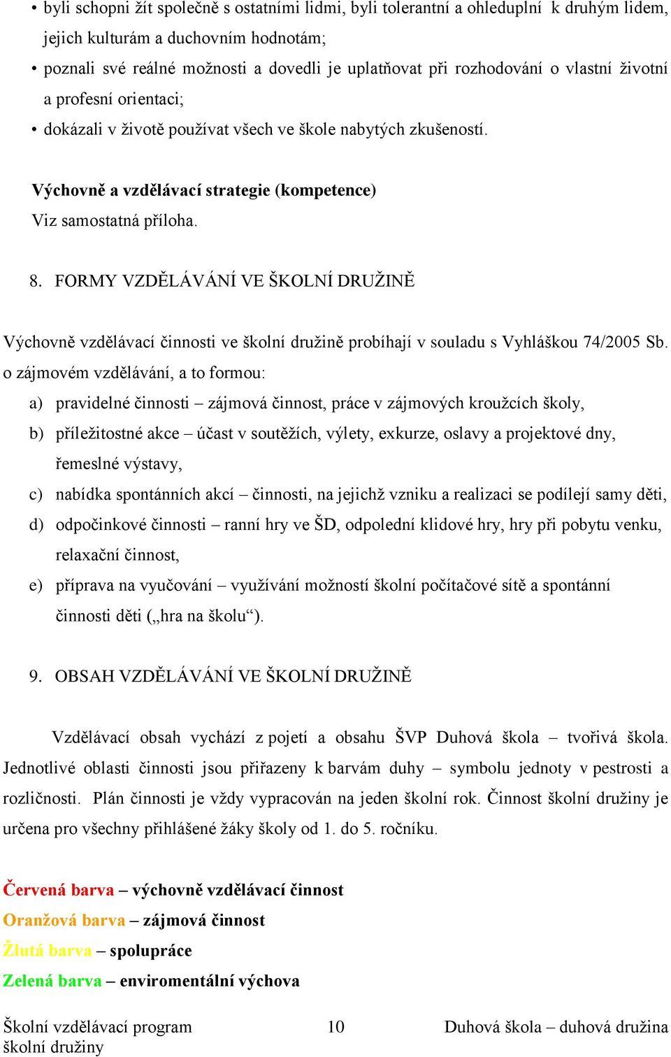 FORMY VZDĚLÁVÁNÍ VE ŠKOLNÍ DRUŽINĚ Výchovně vzdělávací činnosti ve školní družině probíhají v souladu s Vyhláškou 74/2005 Sb.