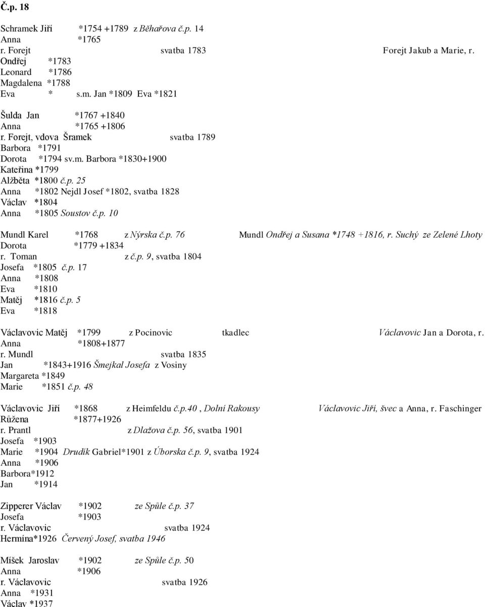 p. 76 Mundl Ondřej a Susana *1748 +1816, r. Suchý ze Zelené Lhoty Dorota *1779 +1834 r. Toman z č.p. 9, svatba 1804 Josefa *1805 č.p. 17 Anna *1808 Eva *1810 Matěj *1816 č.p. 5 Eva *1818 Václavovic Matěj *1799 z Pocinovic tkadlec Václavovic Jan a Dorota, r.