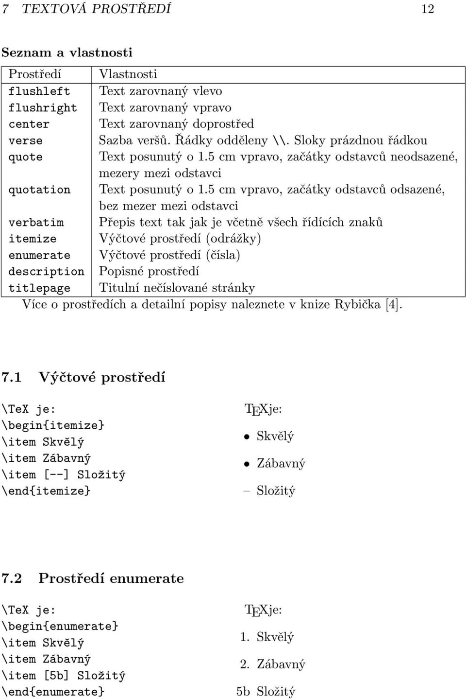 5 cm vpravo, začátky odstavců odsazené, bez mezer mezi odstavci verbatim Přepis text tak jak je včetně všech řídících znaků itemize Výčtové prostředí(odrážky) enumerate Výčtové prostředí(čísla)