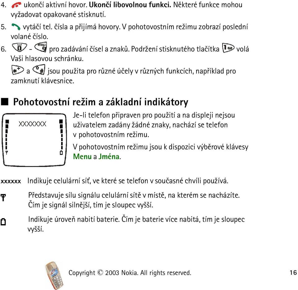 Pohotovostní re¾im a základní indikátory Je-li telefon pøipraven pro pou¾ití a na displeji nejsou u¾ivatelem zadány ¾ádné znaky, nachází se telefon v pohotovostním re¾imu.