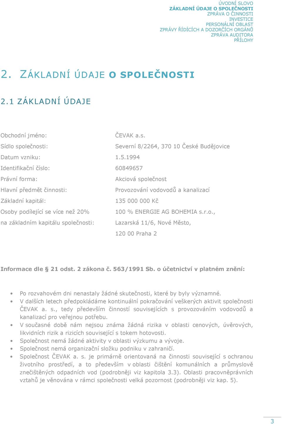 1994 Identifikační číslo: 60849657 Právní forma: Hlavní předmět činnosti: Základní kapitál: Osoby podílející se více než 20% na základním kapitálu společnosti: Akciová společnost Provozování vodovodů