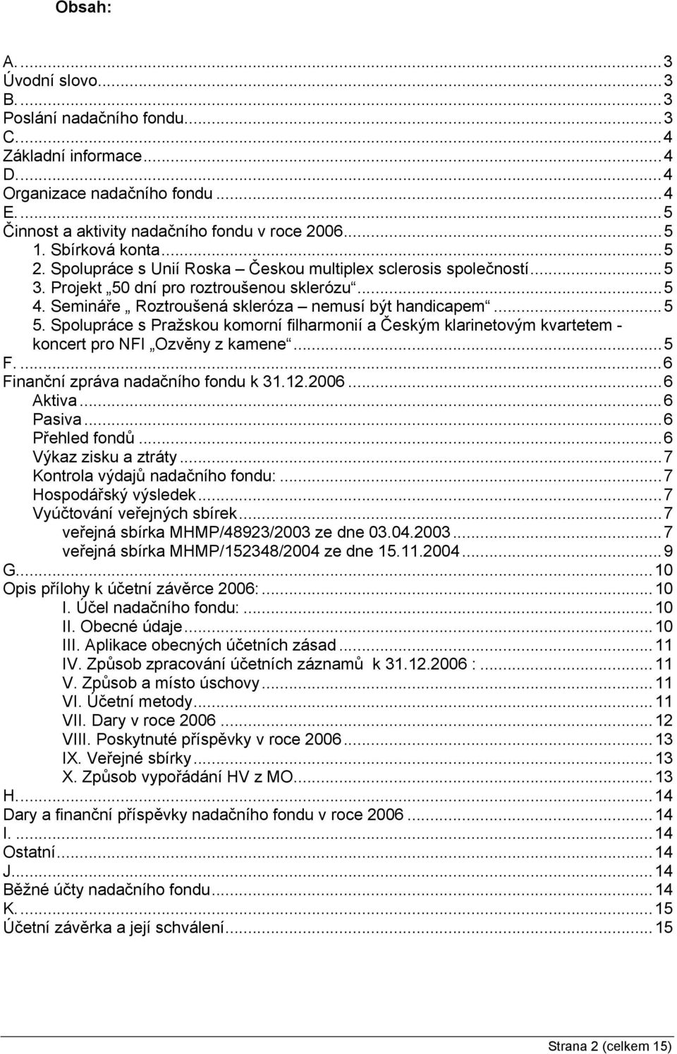 Spolupráce s Pražskou komorní filharmonií a Českým klarinetovým kvartetem - koncert pro NFI Ozvěny z kamene...5 F....6 Finanční zpráva nadačního fondu k 31.12.2006...6 Aktiva...6 Pasiva.