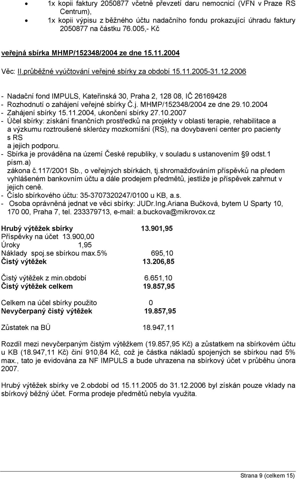 2006 - Nadační fond IMPULS, Kateřinská 30, Praha 2, 128 08, IČ 26169428 - Rozhodnutí o zahájení veřejné sbírky Č.j. MHMP/152348/2004 ze dne 29.10.2004 - Zahájení sbírky 15.11.2004, ukončení sbírky 27.