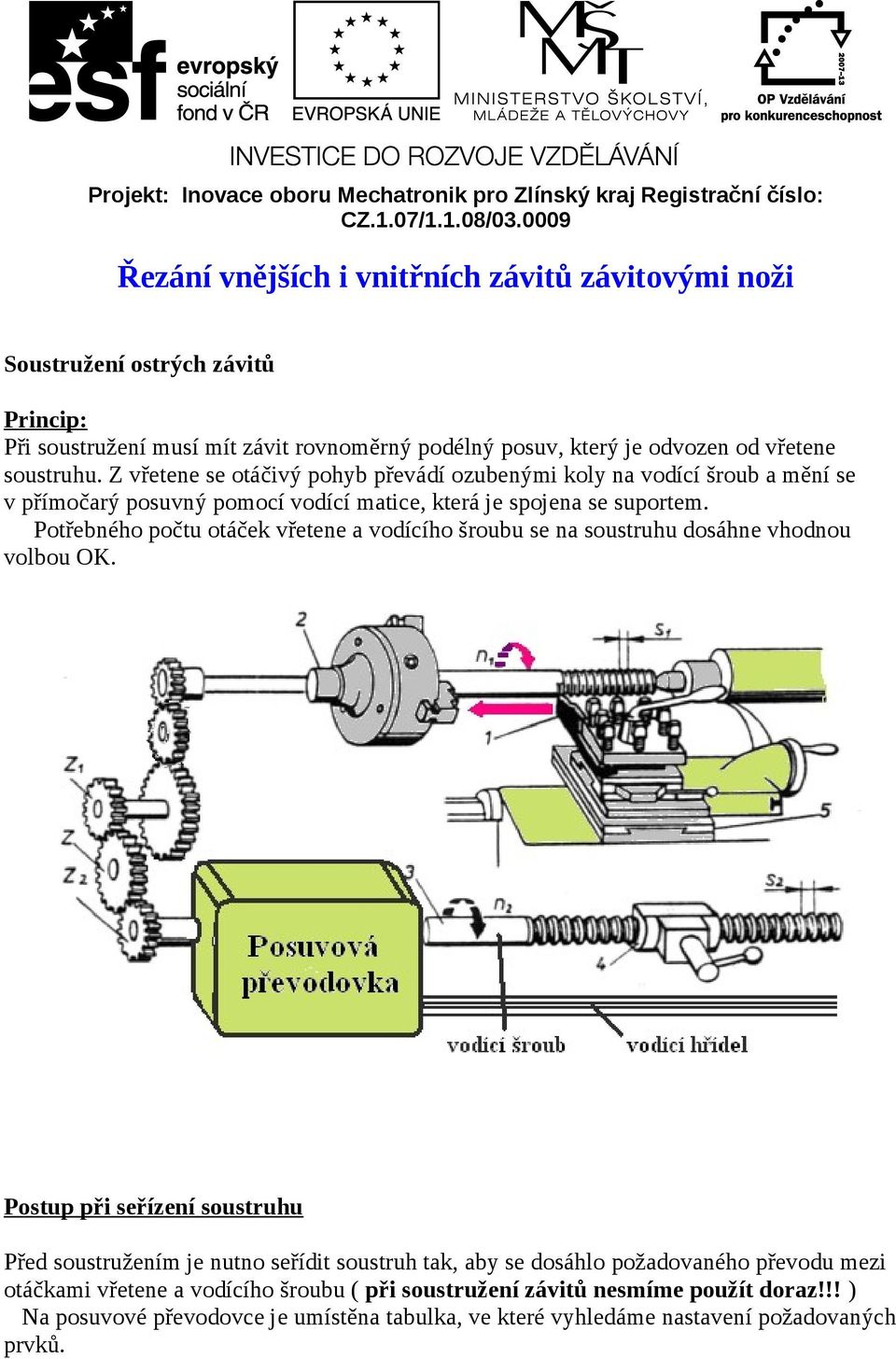 Z vřetene se otáčivý pohyb převádí ozubenými koly na vodící šroub a mění se v přímočarý posuvný pomocí vodící matice, která je spojena se suportem.