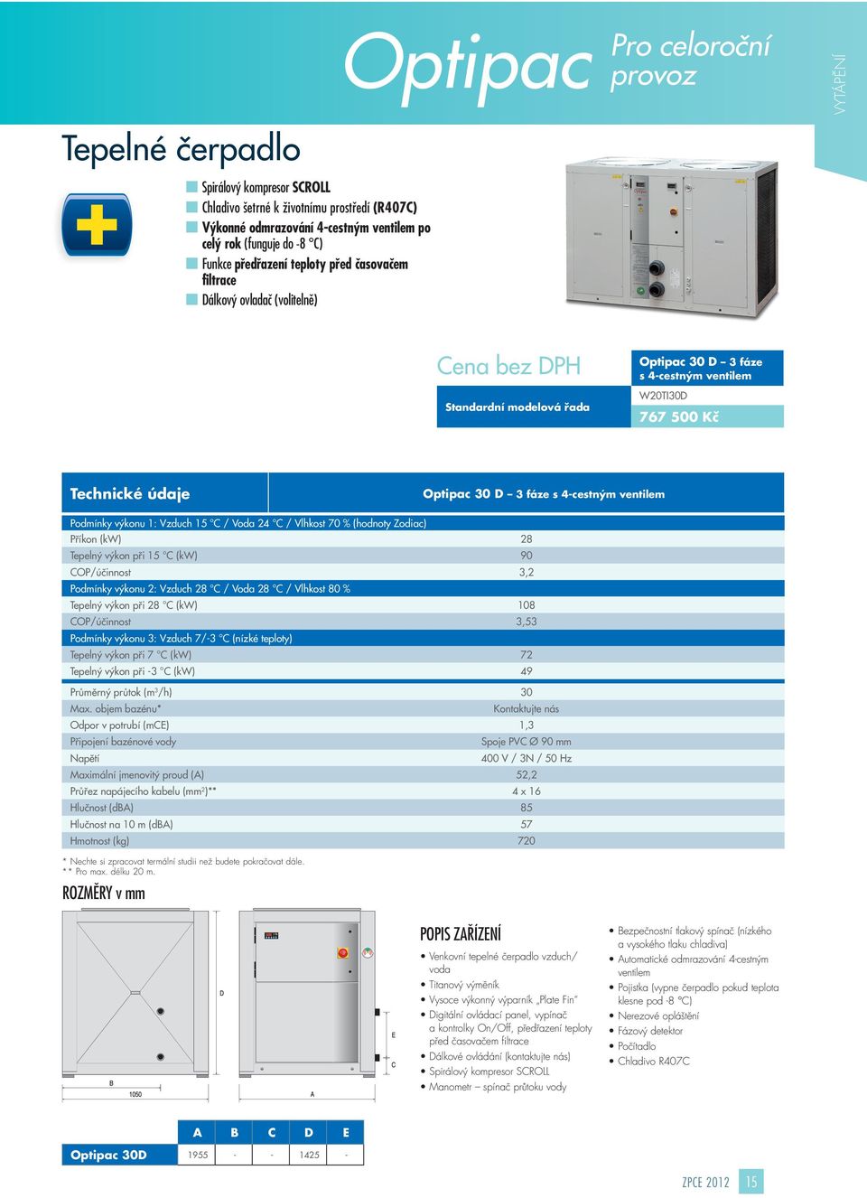 Optipac 30 D 3 fáze s 4-cestným ventilem Podmínky výkonu 1: Vzduch 15 C / Voda 24 C / Vlhkost 70 % (hodnoty Zodiac) Příkon (kw) 28 Tepelný výkon při 15 C (kw) 90 COP/účinnost 3,2 Podmínky výkonu 2: