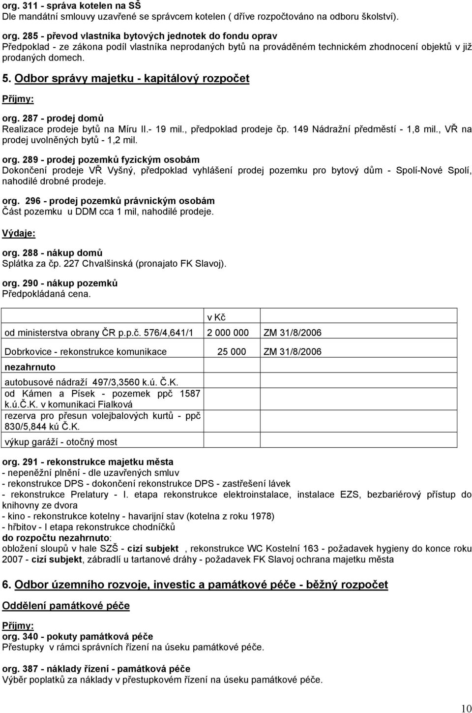 Odbor správy majetku - kapitálový rozpočet org. 287 - prodej domů Realizace prodeje bytů na Míru II.- 19 mil., předpoklad prodeje čp. 149 Nádražní předměstí - 1,8 mil.